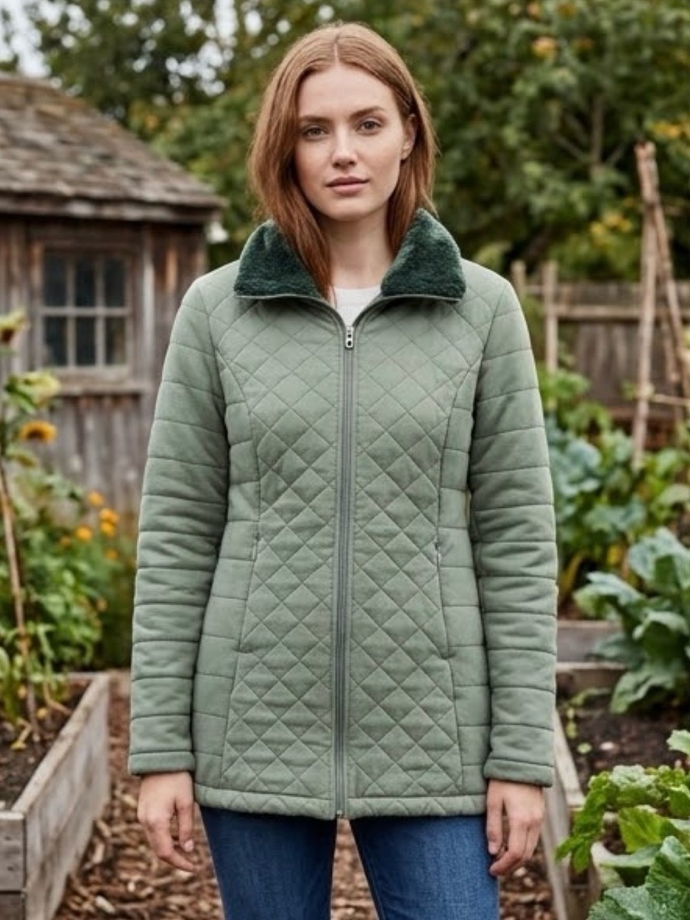 The North Face Women's Fleece Lined Quilted Olive Zip-Up Jacket